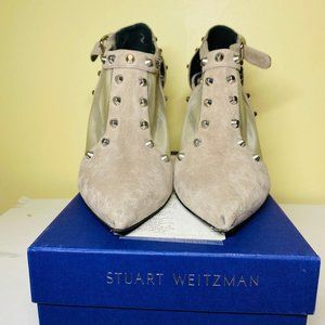 Stuart Weitzman gray Suede Saunter Studded pointed toe Booties
